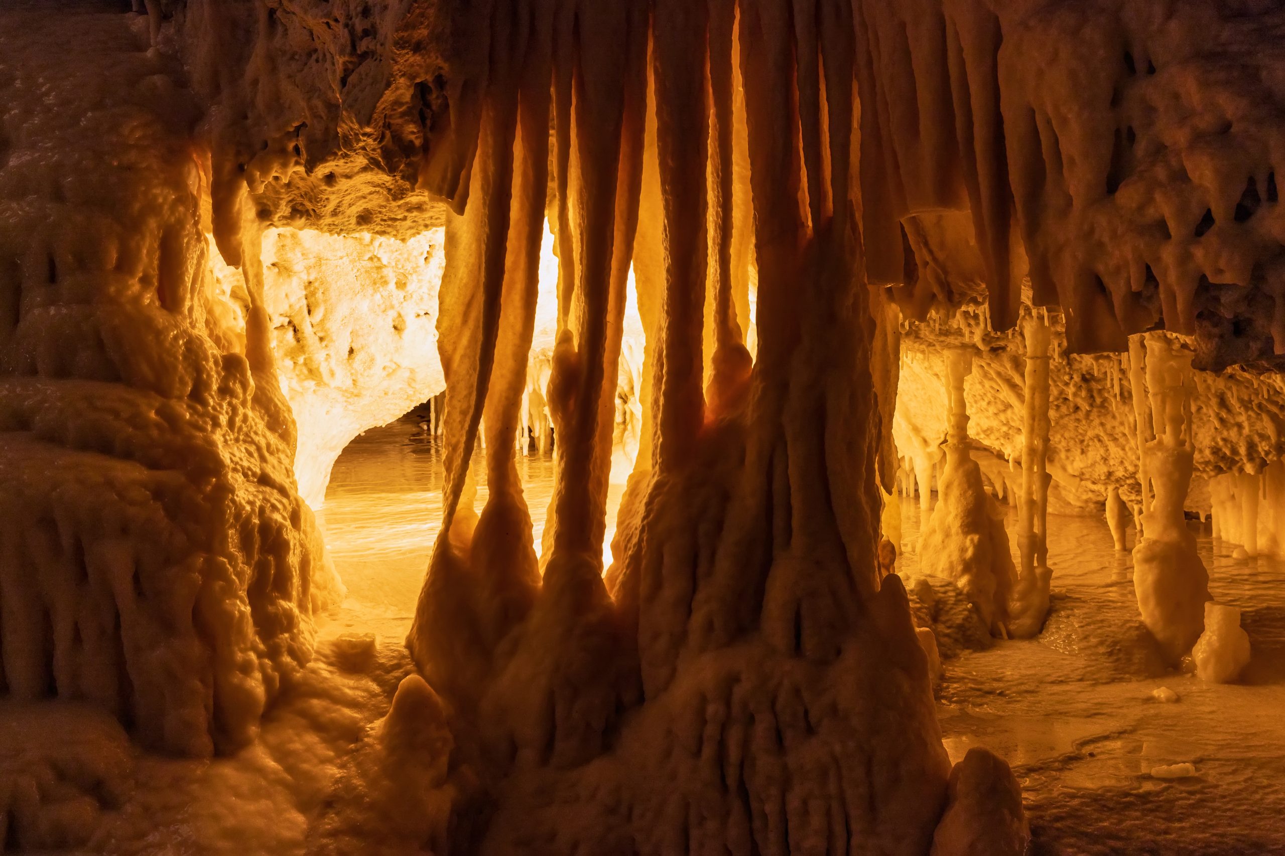 Stalactite and Stalagmite formations into the Frasassi Caves (Grotte di Frasassi), Marche, Ancona, Italy
